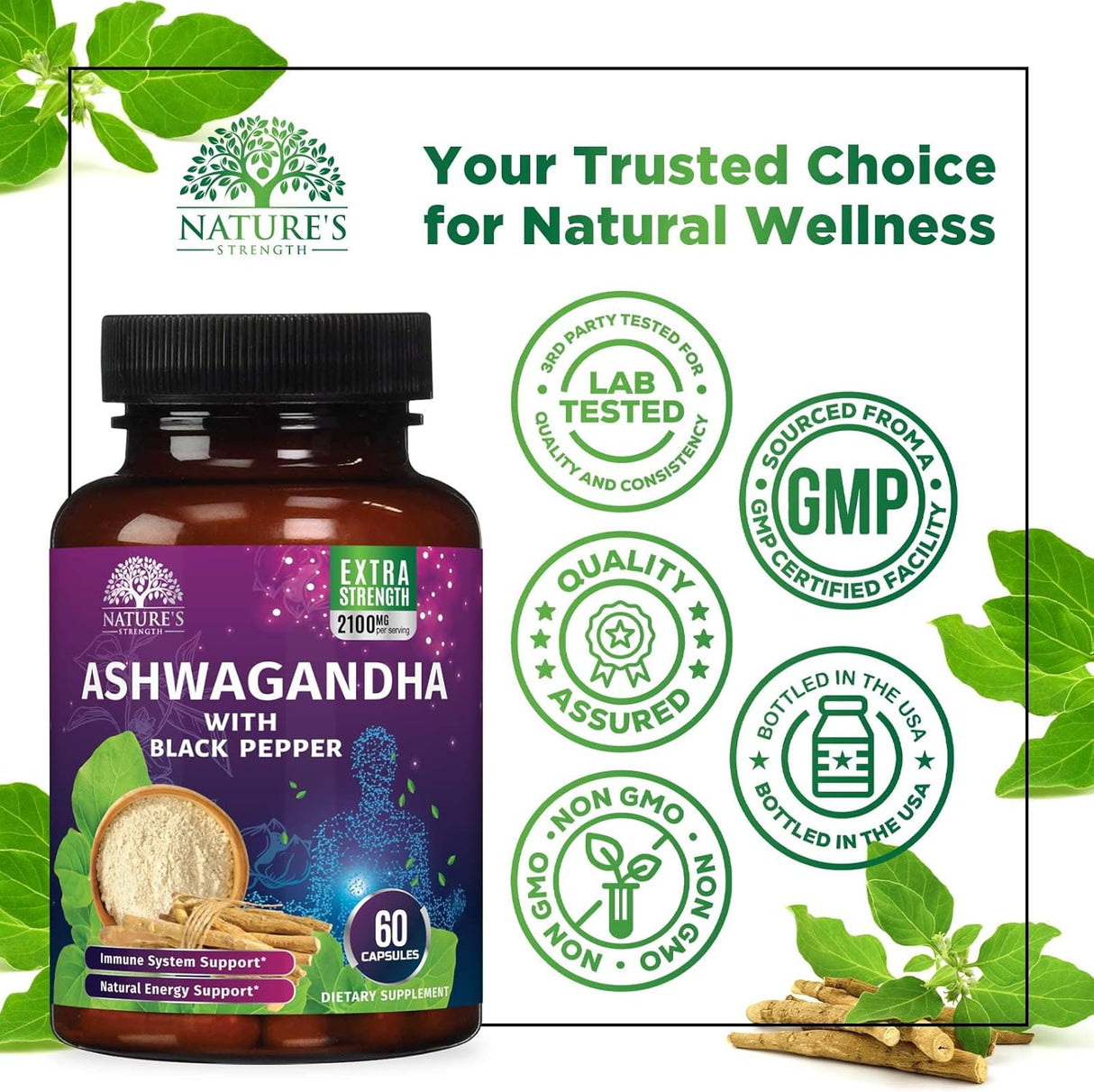 Suplemento de Ashwagandha 2100mg - Antioxidante, 60 Cápsulas
