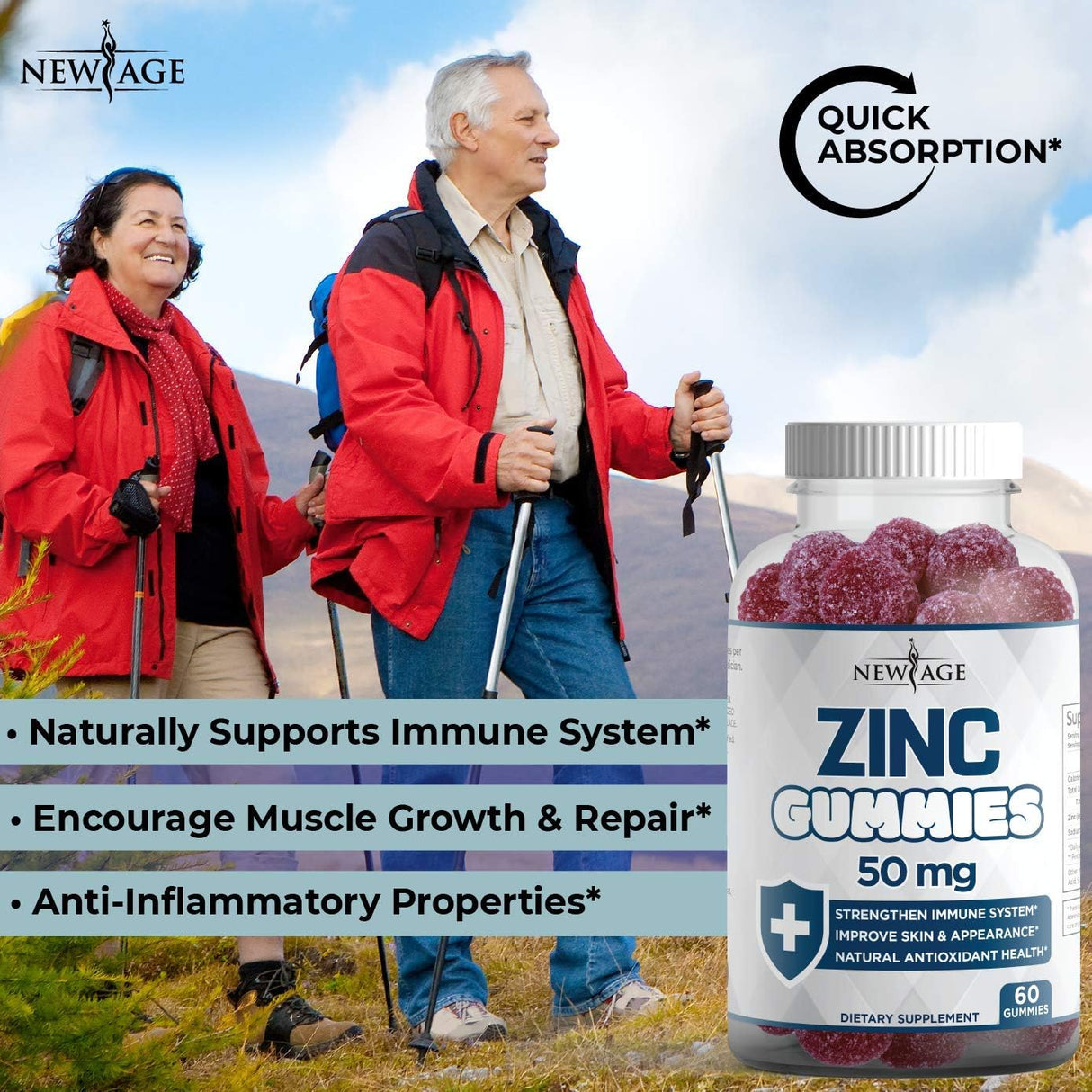 Gomitas de zinc – Paquete de 2 – Suplemento de zinc inmunitario de alta potencia de 50 mg, defensa inmune, potente antioxidante natural, sin OMG, de New Age, 120 unidades