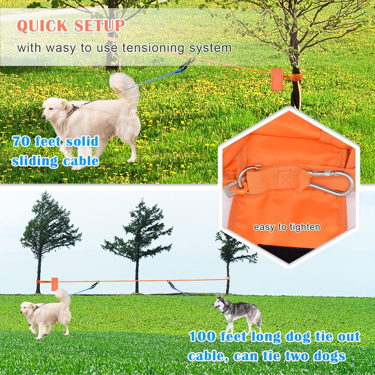 Cable portátil para perros de 100 pies, sistema de anclaje