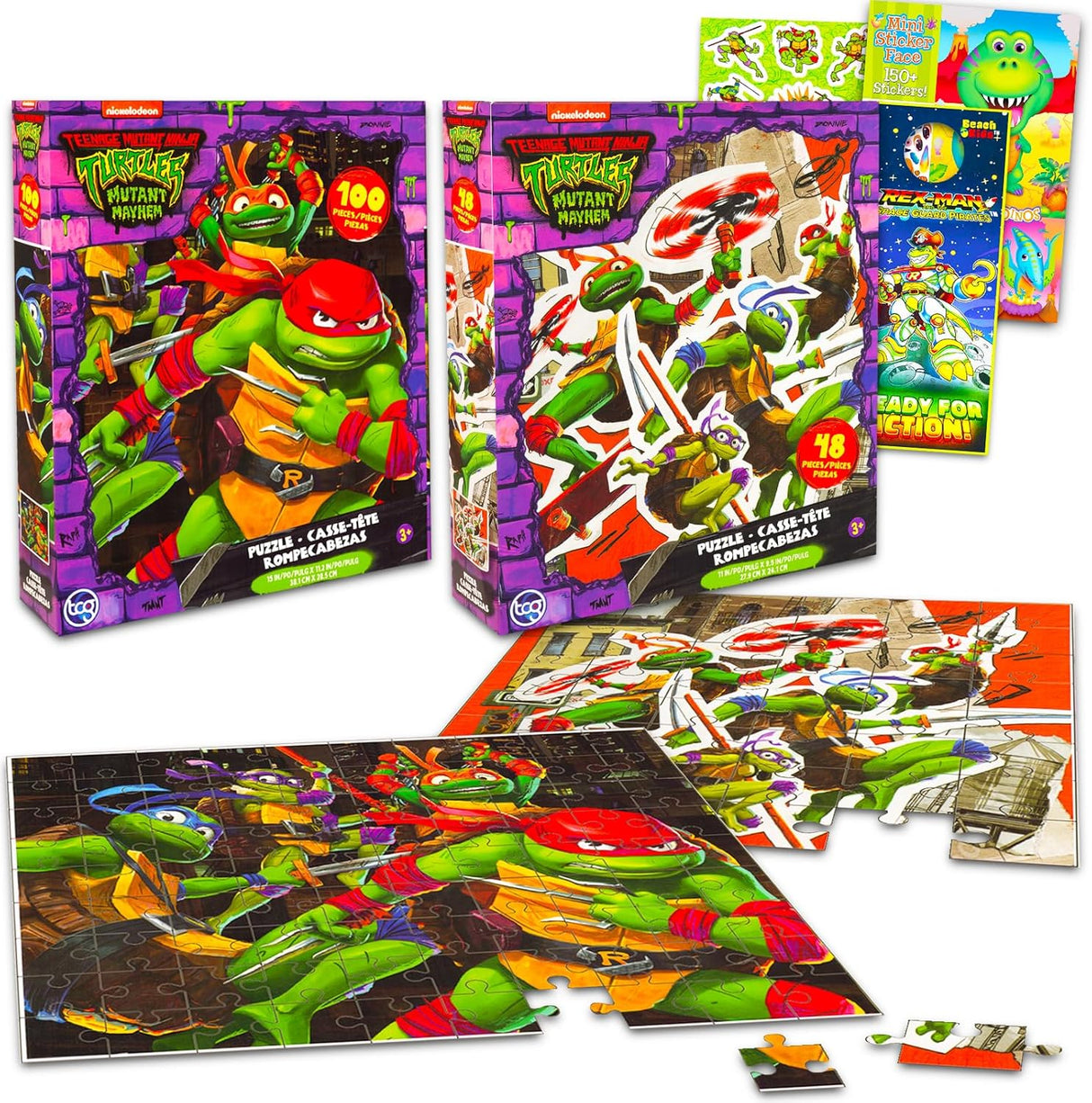 Rompecabezas Tortugas Ninja para Niños - 48 y 100 Piezas, Stickers