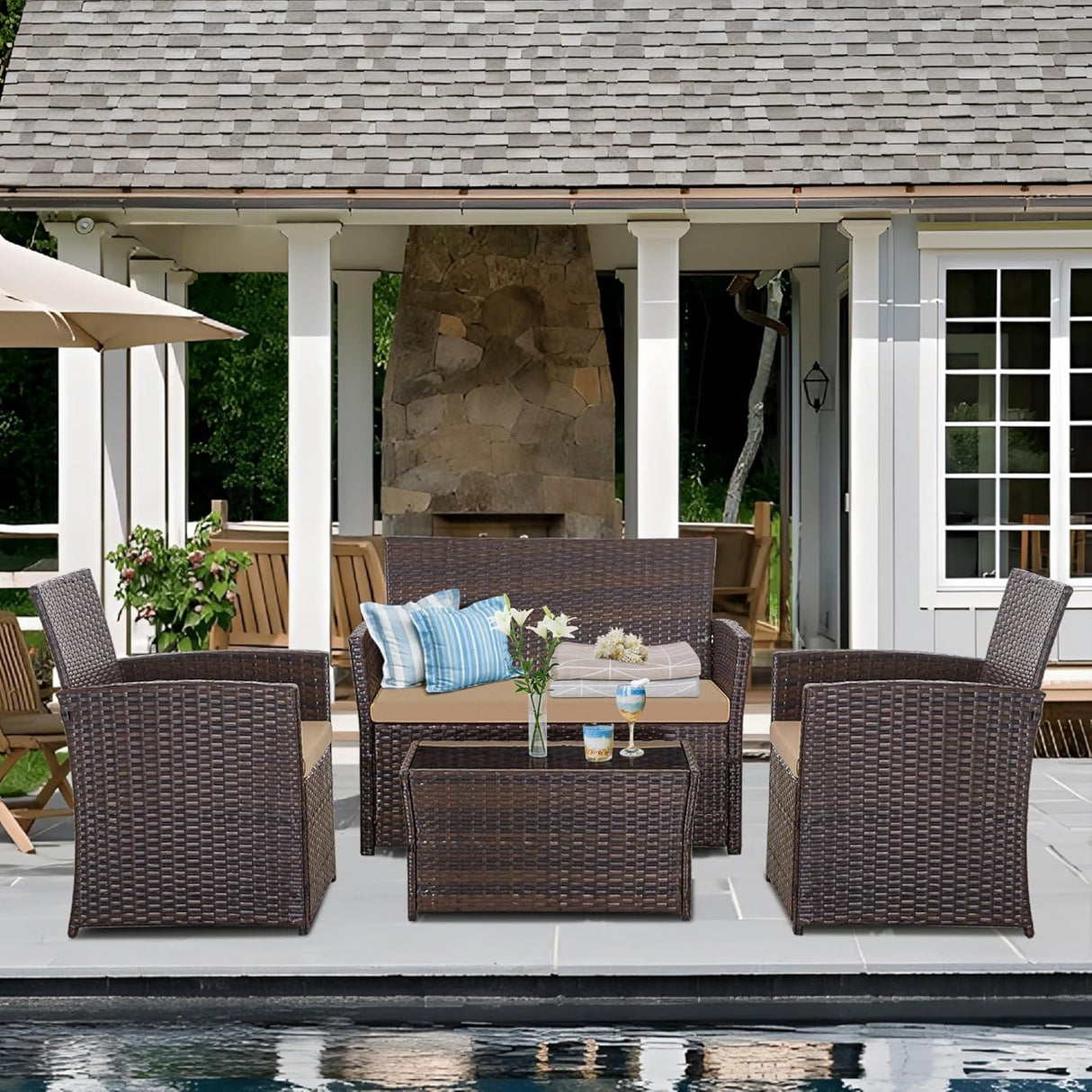 Seogwisam Juego de muebles de patio de 4 piezas, juegos de conversación de mimbre para exteriores, sofá seccional de ratán con mesa de café, cojines de asiento para patio trasero, porche, jardín,