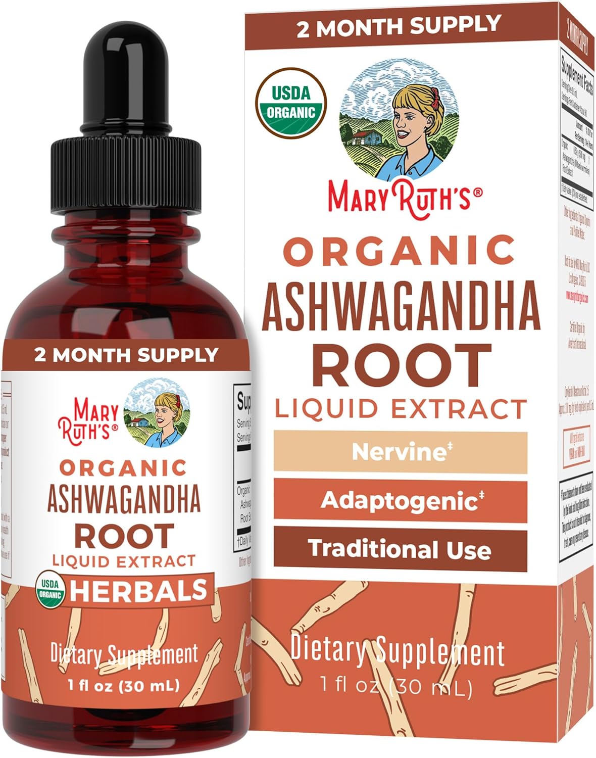Gotas de Ashwagandha Orgánica MaryRuth, 60 Servings Adaptógeno