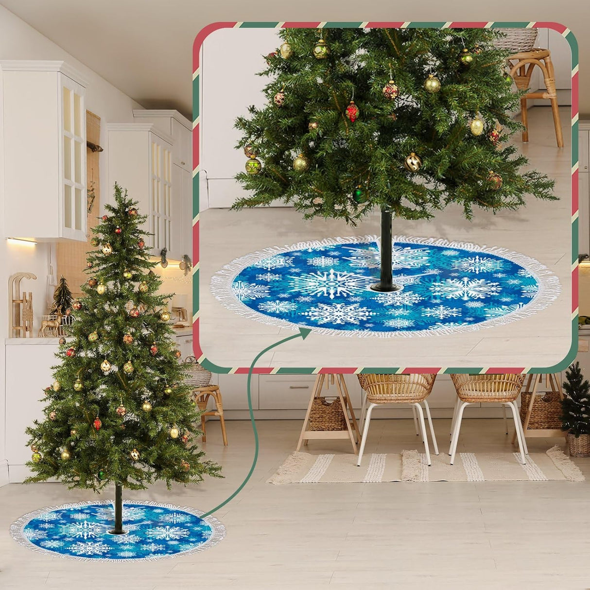 Funda para árbol de Navidad 30 con copos de nieve y flecos