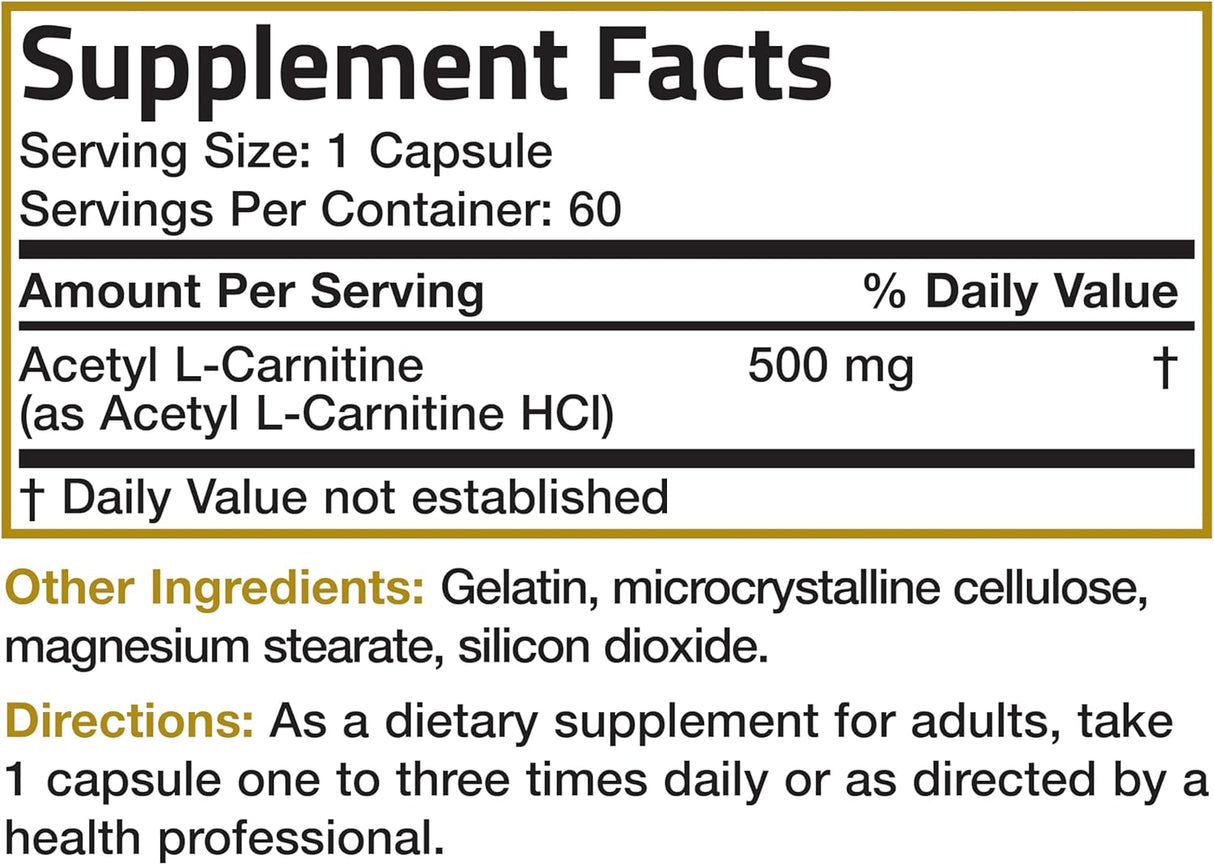 Acetil L-Carnitina 500 MG Bronson, 60 Cápsulas No GMO