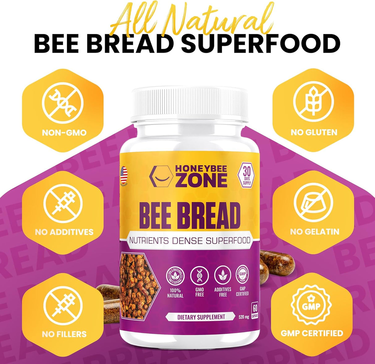 Natural Raw Beebread Veggie Caps, Multivitamin, Probiotic Supplement