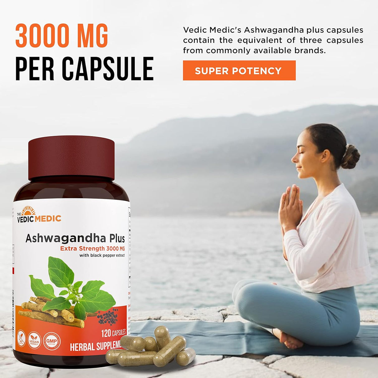 Cápsulas de Ashwagandha 3000mg, Extra Fuerte, 120 Veganas