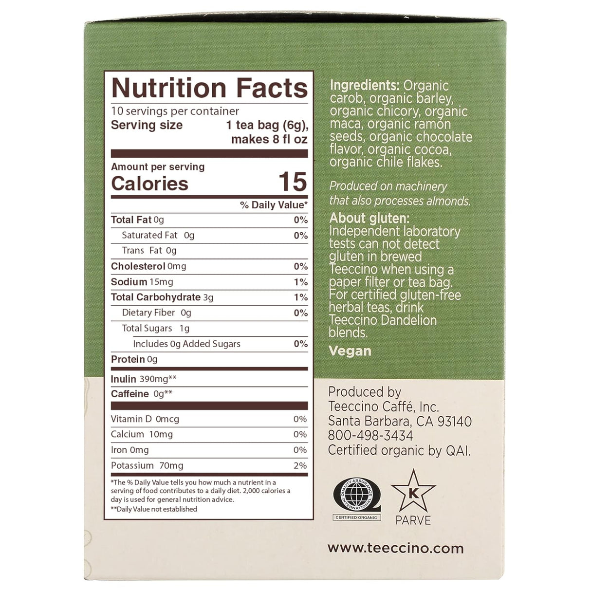 Teeccino Té de Maca Chocolaté Herbal Sin Cafeína 10 Bolsas