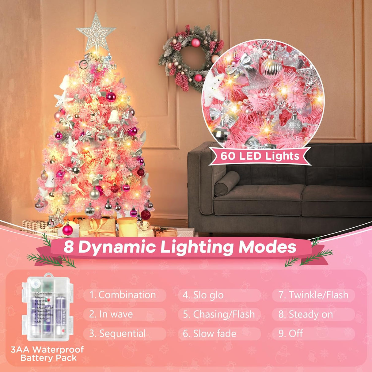 Árbol de Navidad 3FT, árbol artificial preiluminado 36 con 111 adornos