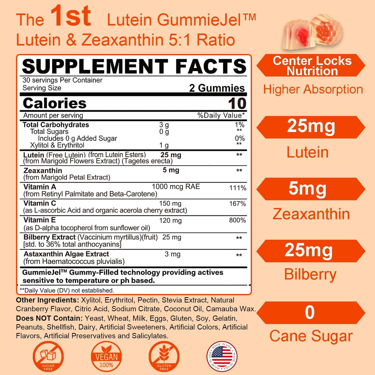 Suplementos Gomitas rellenas de luteína y zeaxantina 25 mg