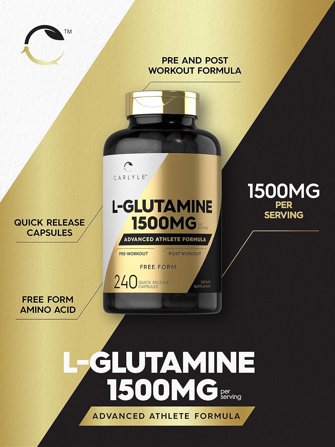 Cápsulas de Glutamina 1500mg Carlyle | 240 Conteos | Sin GMO