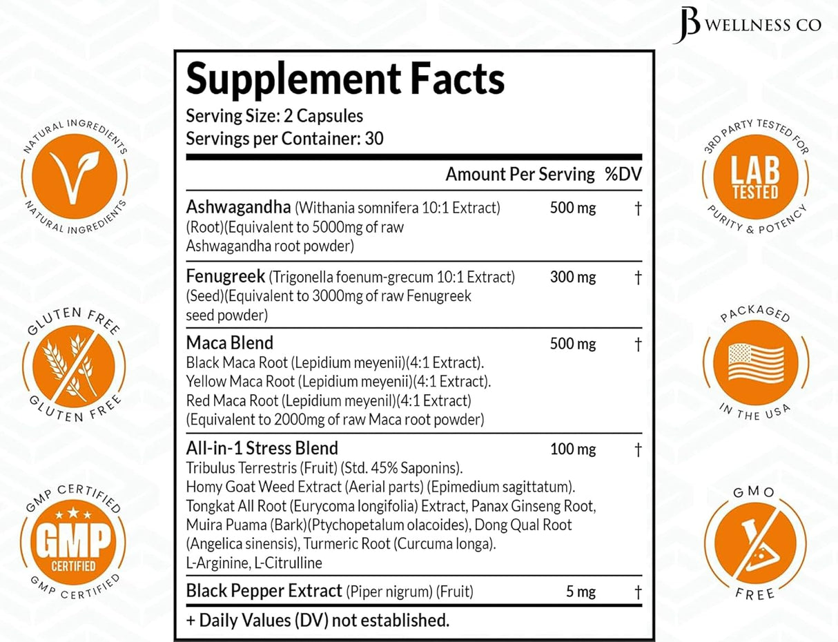 Suplemento de Ashwagandha Maca Fenogreco y Ginseng 60 Cápsulas