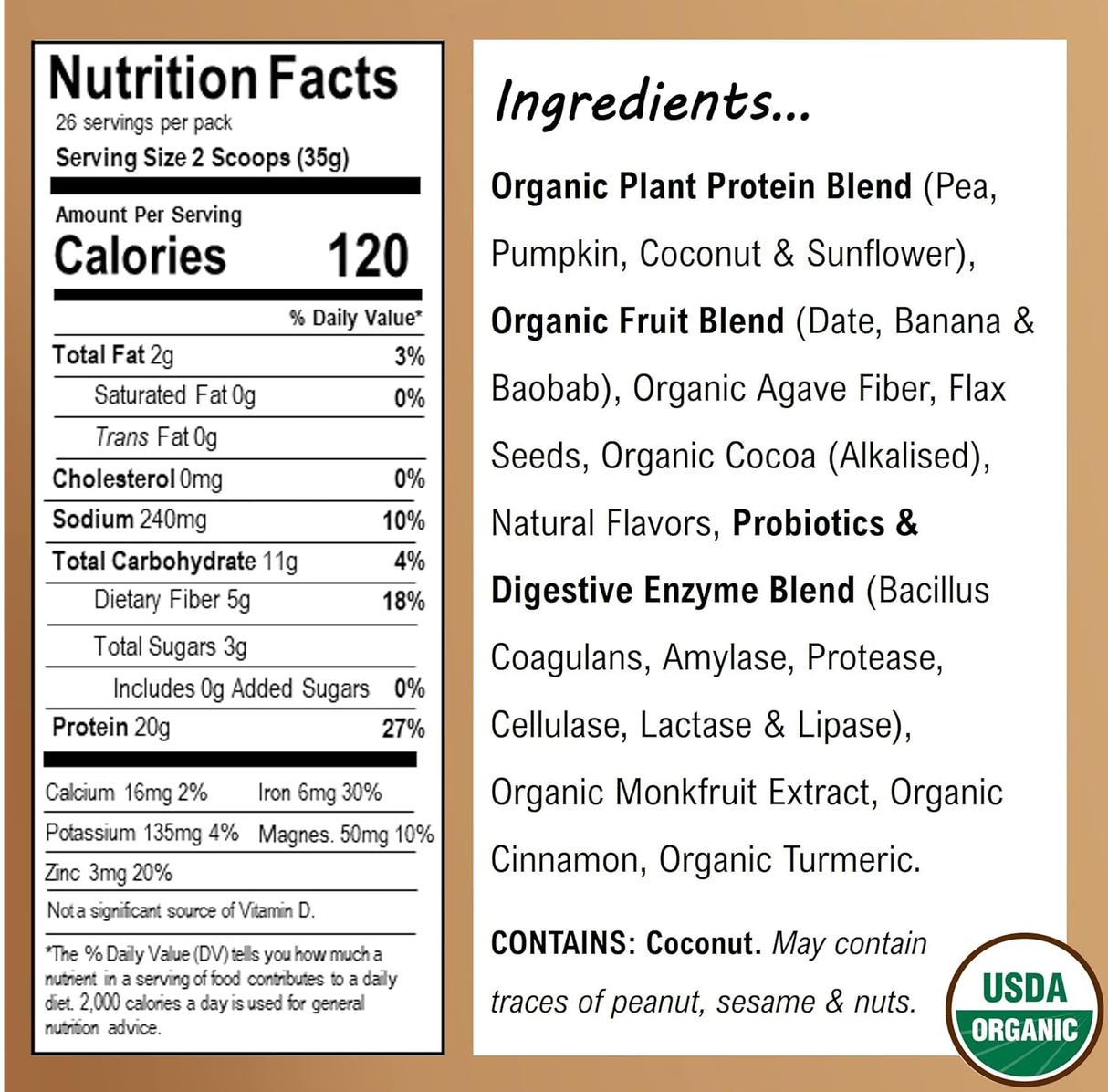 Suplemento Proteína vegana orgánica en polvo 26 porciones
