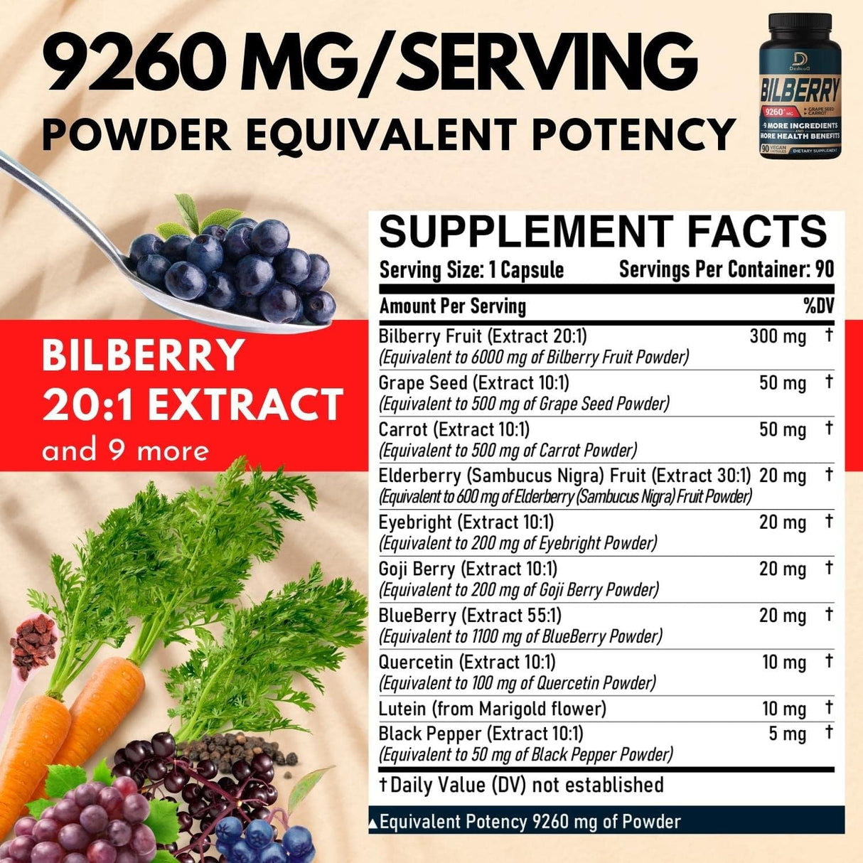 Suplemento de extracto de arándano 10 en 1 para ojos 90 cáp