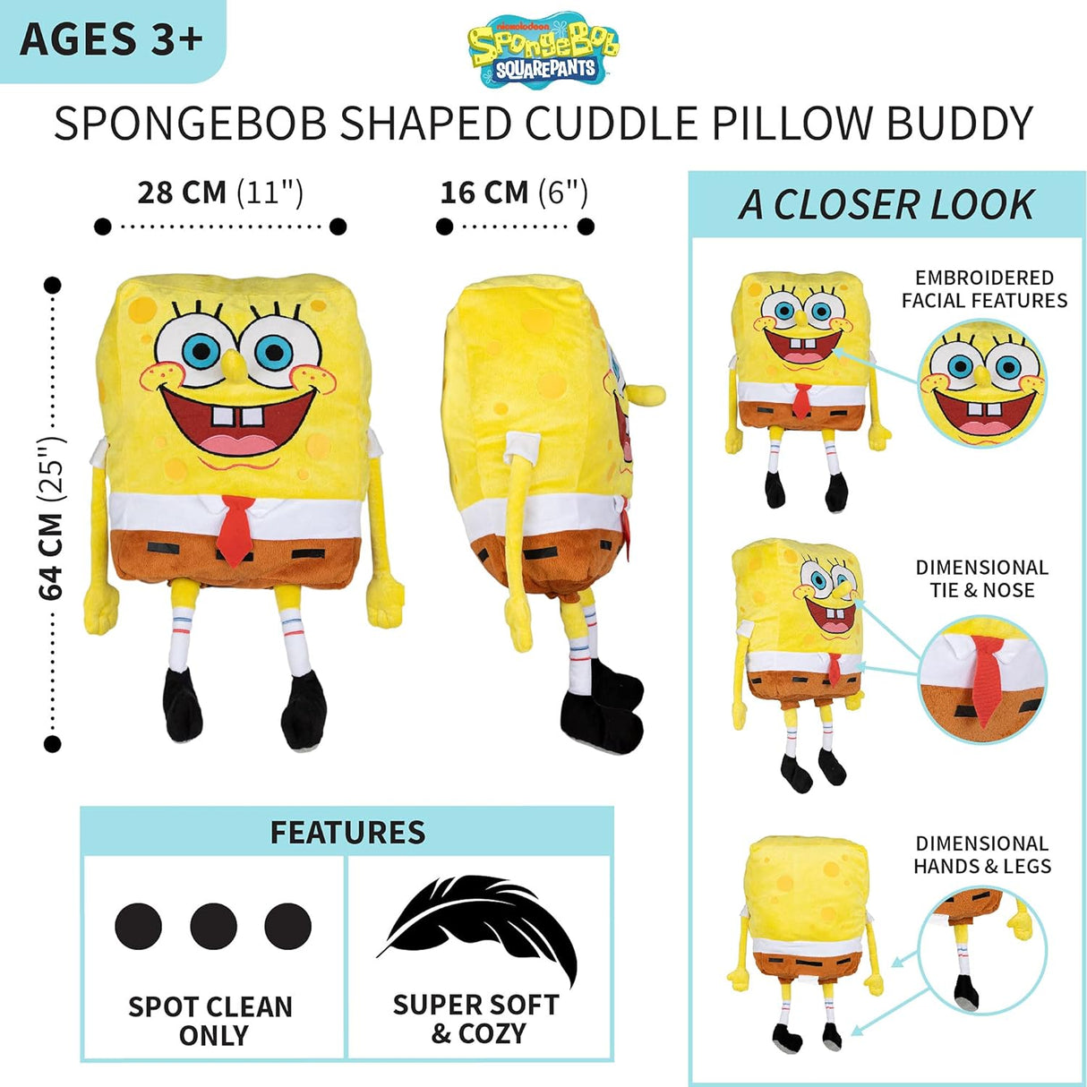 Spongebob Kids Bedding Plush Cuddle Pillow Buddy, One Size