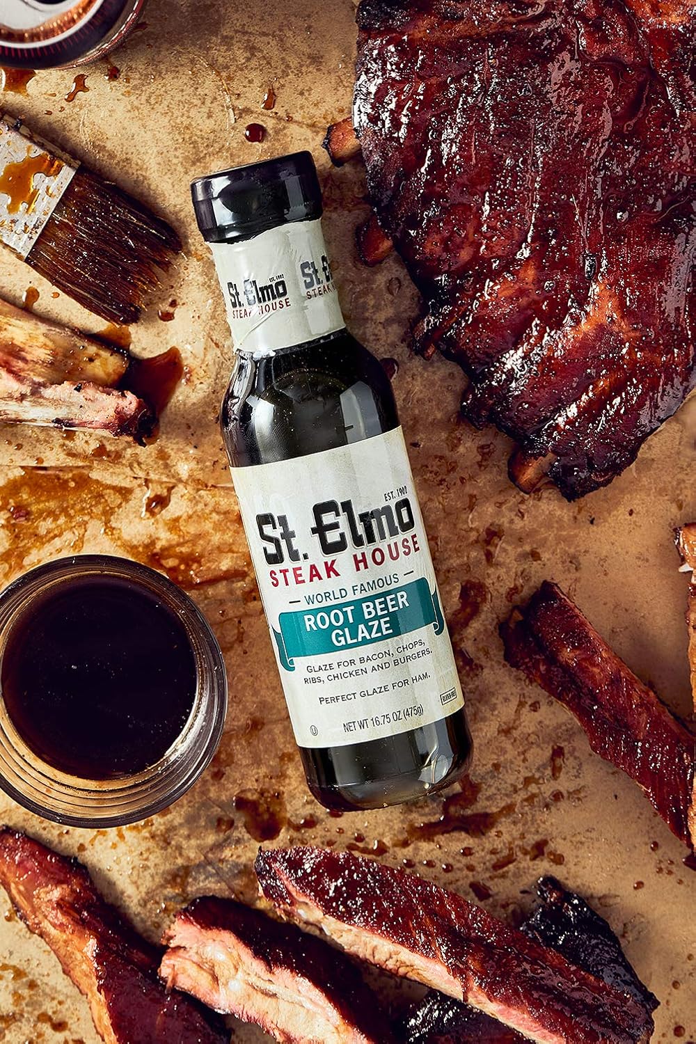 Esmalte de cerveza de raíz de St. Elmo, gran salsa y adobo para alas, costillas, hamburguesas y más