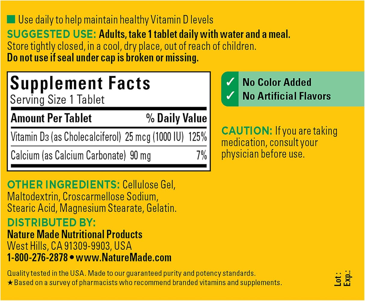 Suplemento de Vitamina D3 1000 IU Nature Made, 300 Tablets