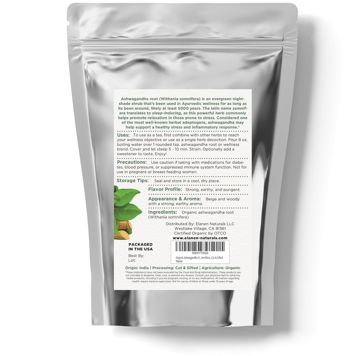 Elanen Naturals Té de raíz de Ashwagandha orgánico 4 oz