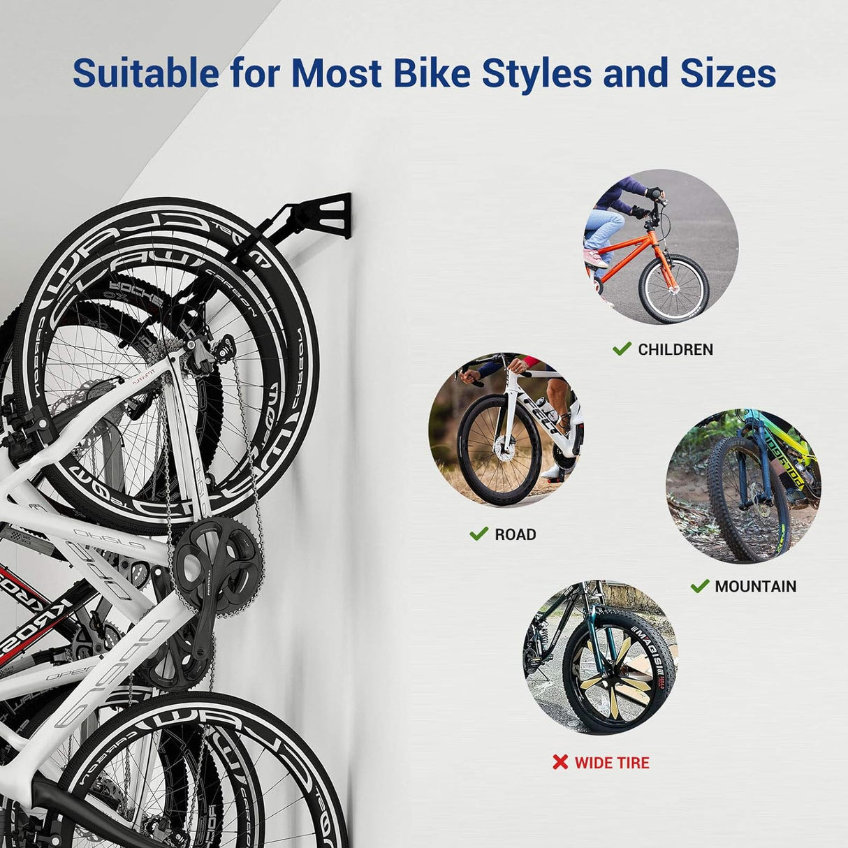 Soporte de pared resistente para 6 bicicletas, hasta 300 lb