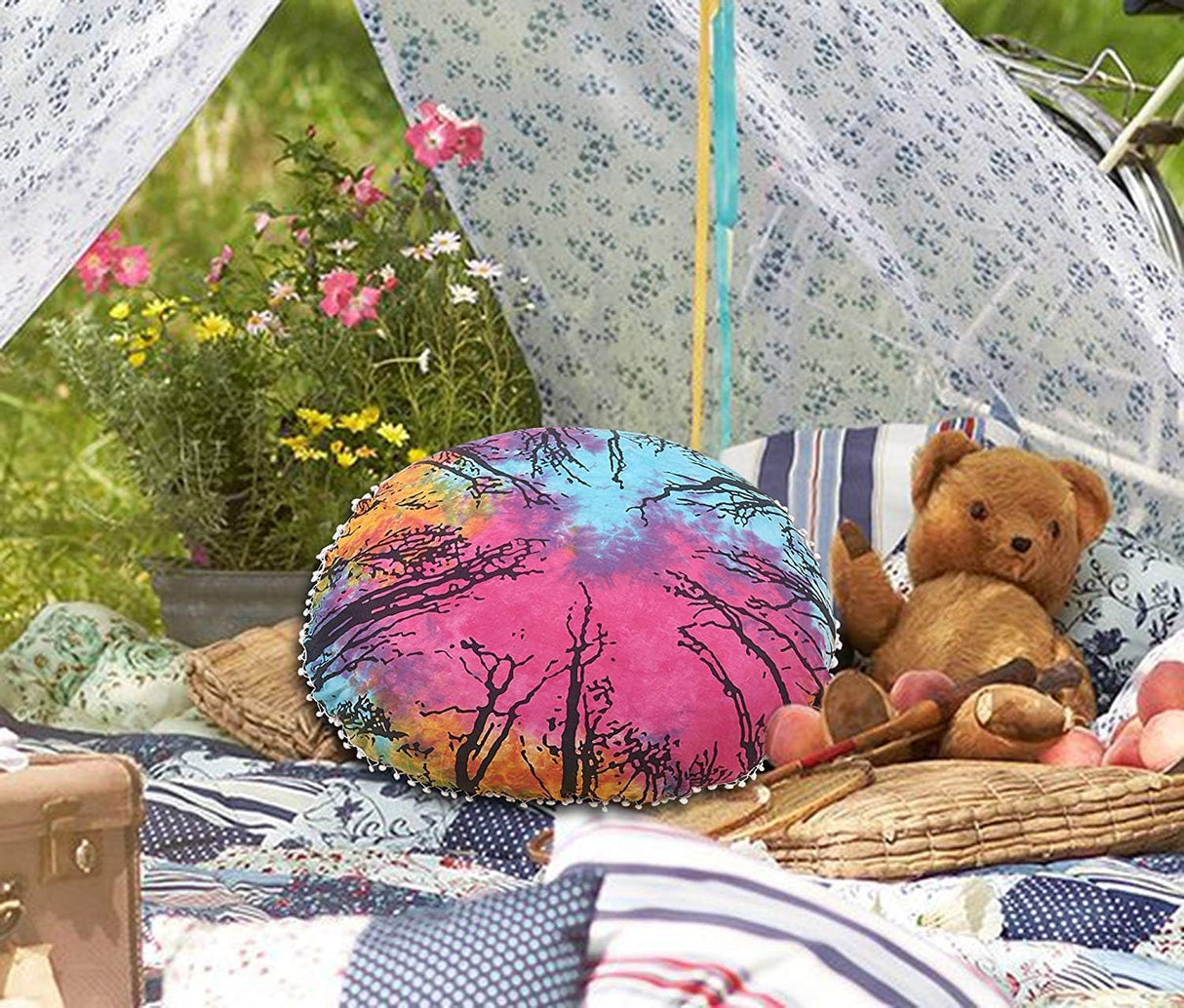 Funda bohemia para cojín, de 32 pulgadas, con diseño de mandala, para meditación, decorativa, otomana, grande, para exteriores, decoración del hogar, decoración de arte en el hogar, redonda, con pompones de algodón, cómoda