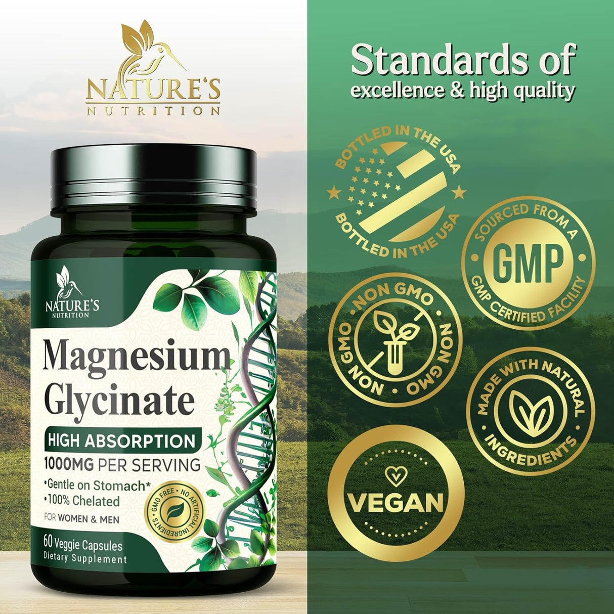 Magnesio Glicinato 1000mg, Apoyo para Huesos, Músculos, Nervios y Corazón, 60 Cápsulas