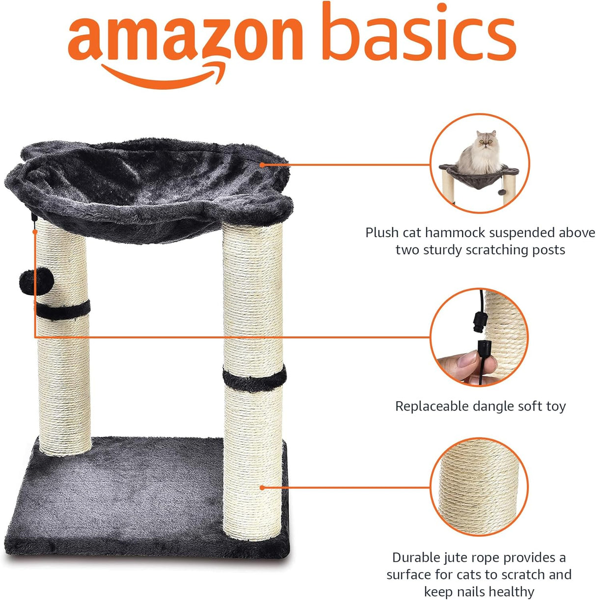 Torre para gatos Amazon Basics con hamaca y rascadores, 19.7