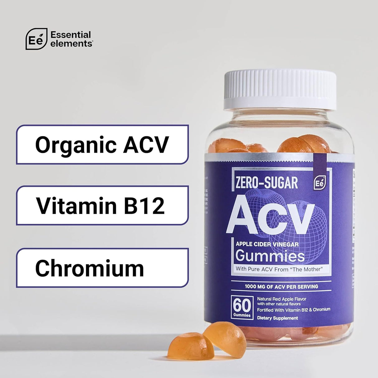 Essential Elements Gomitas de vinagre de sidra de manzana ACV sin azúcar de "The Mother" - Gomitas veganas ACV de origen natural con ácido fólico y vitamina B12, 60 unidades