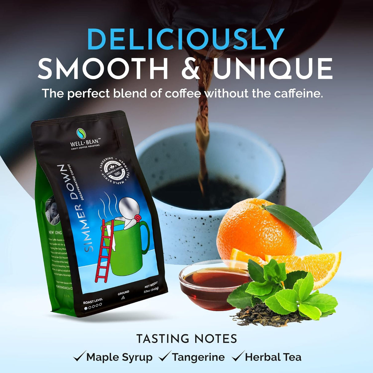 Café Molido Simmer Down - Well-Bean, Descafeinado Suizo 12 oz