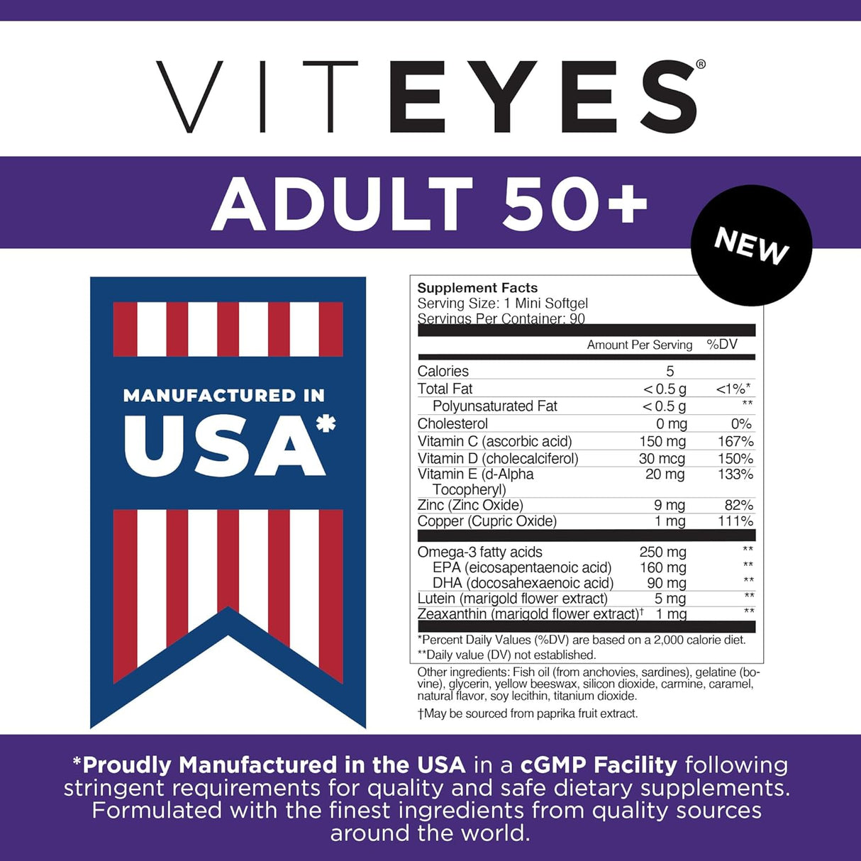 Viteyes Adulto 50+ para la vista, Luteína, Omega-3, 90 Cápsulas
