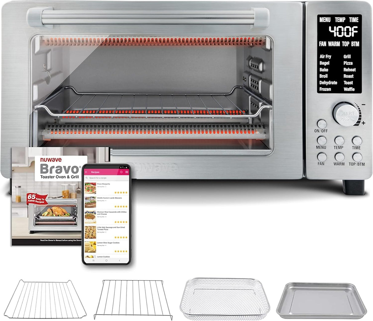 Nuwave Bravo - Horno tostador digital 12 en 1, horno de convección de encimera y freidora de aire, 1800 vatios, capacidad de 21 cuartos de galón, controles de temperatura de 50°-450°F, cocción envolvente de doble zona, tecnología T lineal, aspecto SS