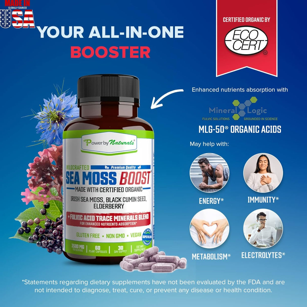 Power By Naturals Sea Moss Cápsulas Orgánicas con Aceite de Semilla Negra y Elderberry