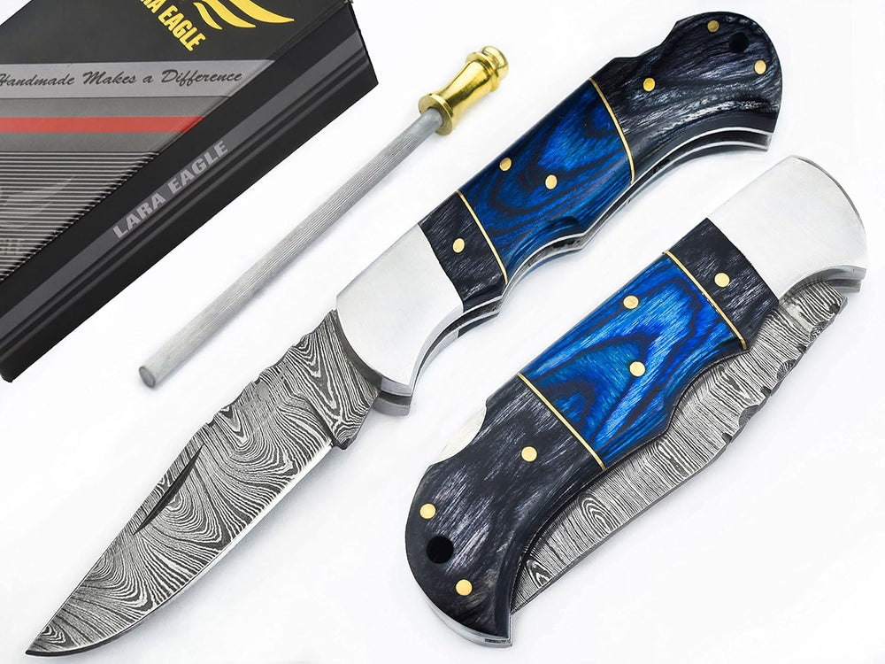 Cuchillo de bolsillo de Damasco para hombre azul