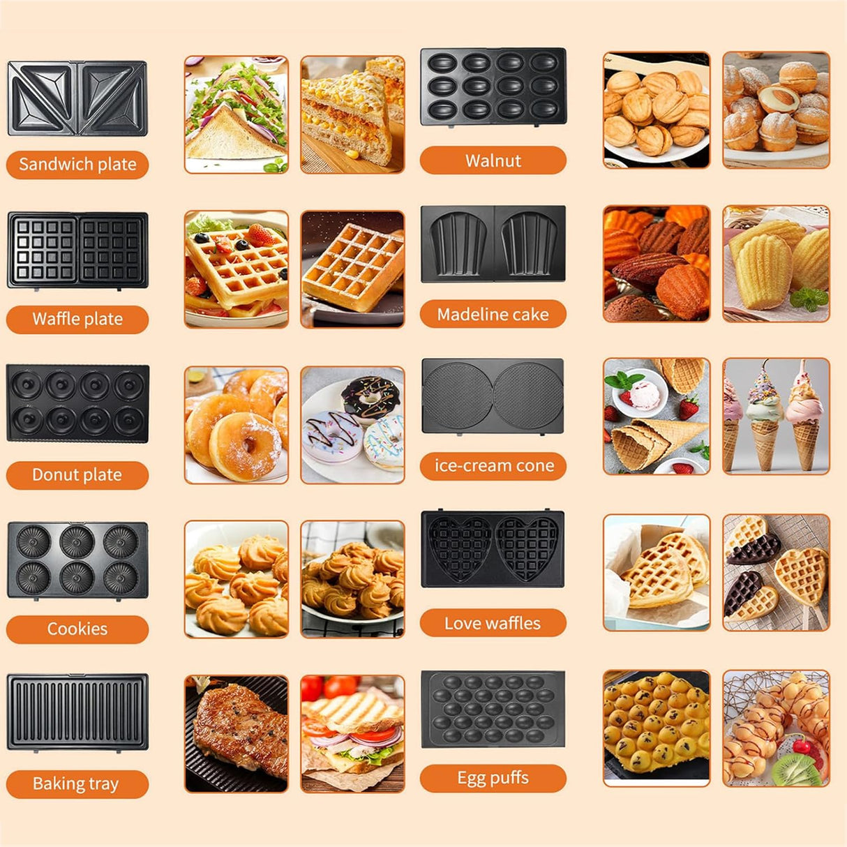 Waffle Maker 10 en 1, 750W, Placas Removibles, Compacto