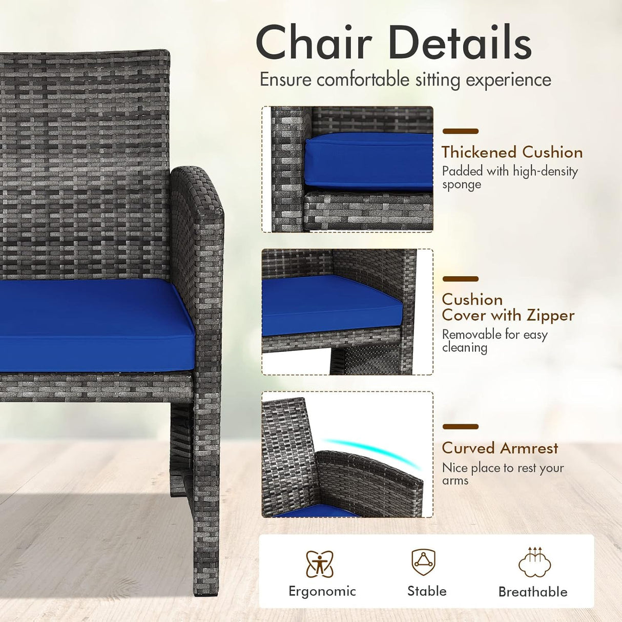 Goplus Juego de muebles de ratán de 4 piezas, sofá de conversación de mimbre para exteriores con cojines resistentes a la intemperie y mesa de vidrio templado para césped, patio, piscina, jardín (azul)