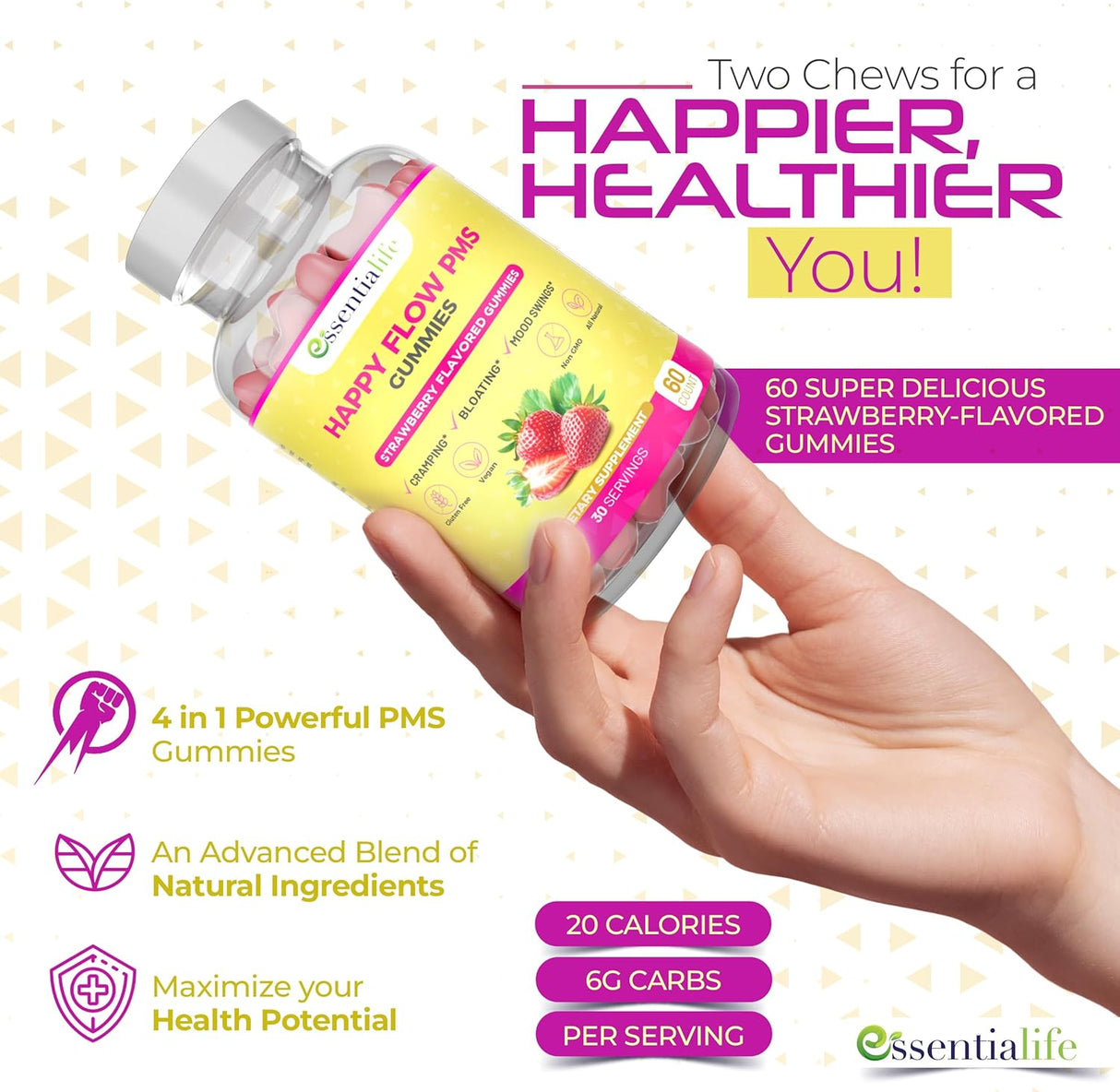 Suplementos masticables de PMS con sabor fresa Essentialife