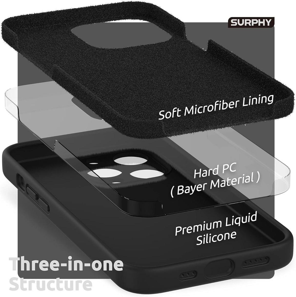 SURPHY funda de silicona compatible con iPhone 13 Pro (6.1 pulgadas, 2021), con protección para la cámara, funda de silicona líquida con forro de microfibra (negro)