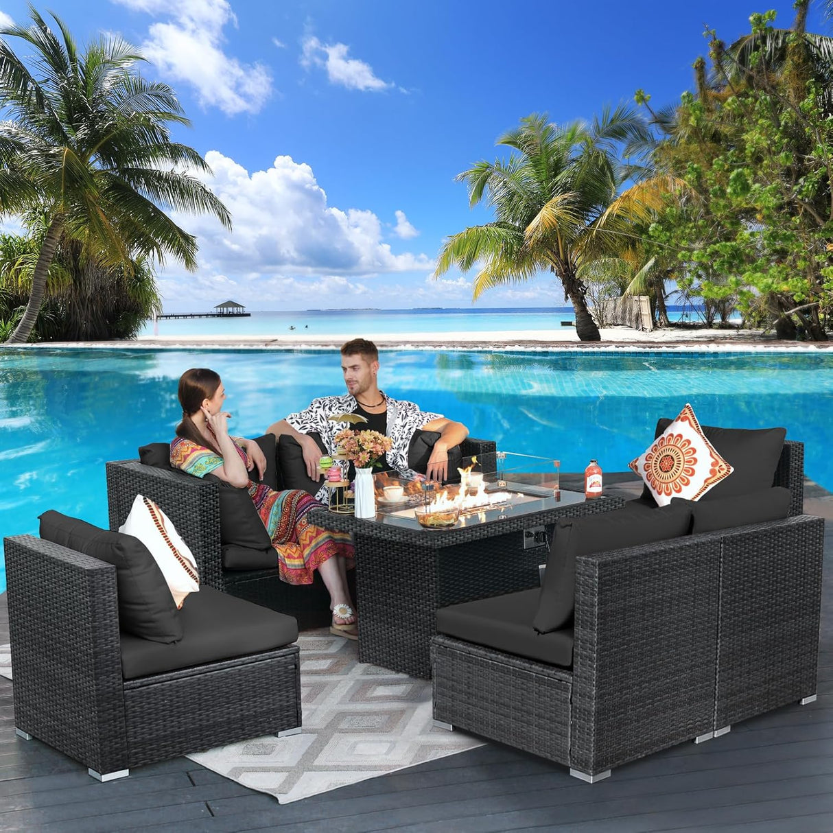 RADIATA Juego de muebles de mimbre de polietileno para patio, sofá seccional de respaldo alto, juegos de sofá de gran tamaño con mesa para fogata de propano, 55000 BTU, juegos de conversación de ratán para exteriores (7 piezas, gris oscuro)