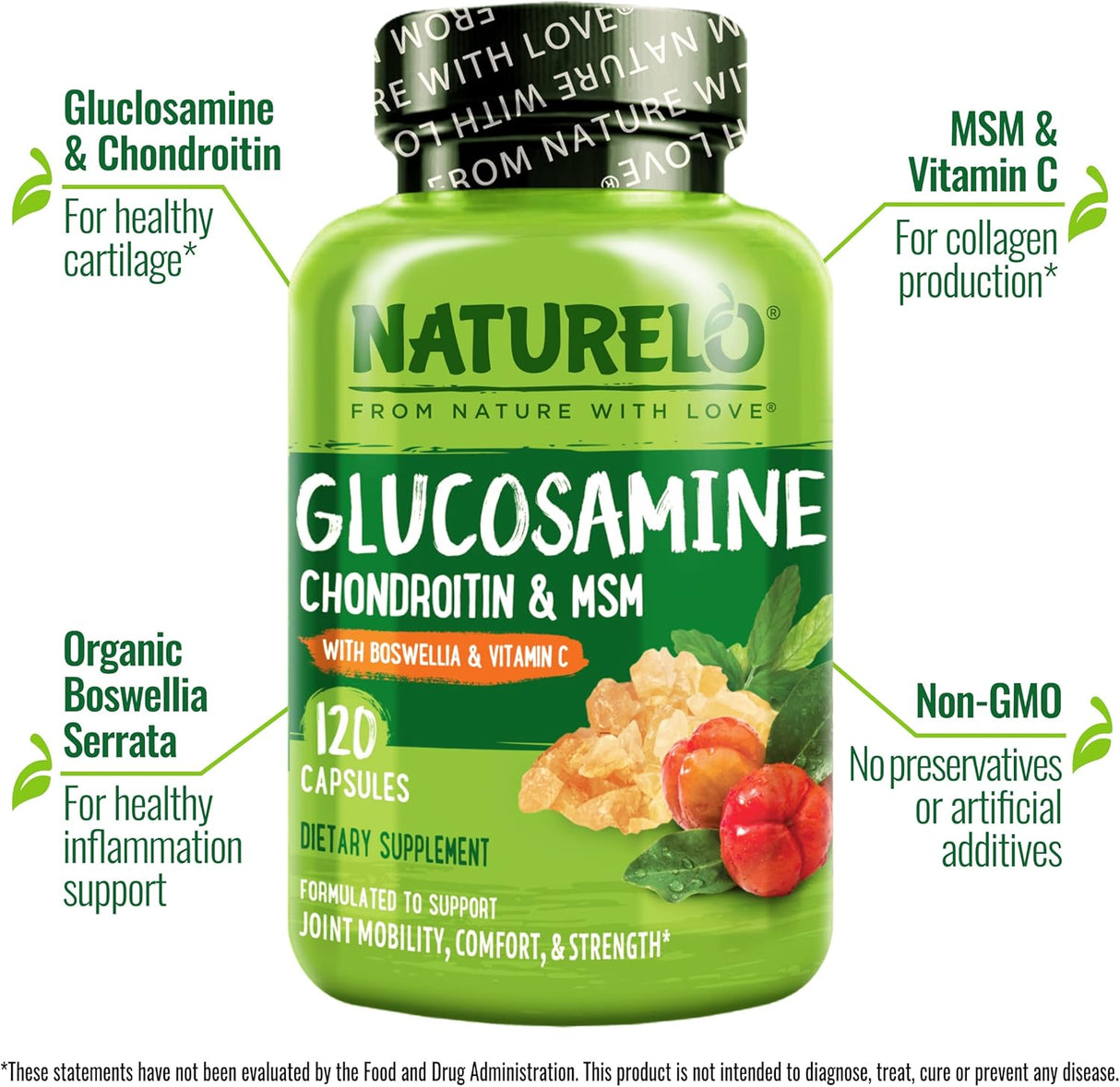 Suplemento NATURELO Glucosamina, Condroitina, MSM 120 Cápsulas