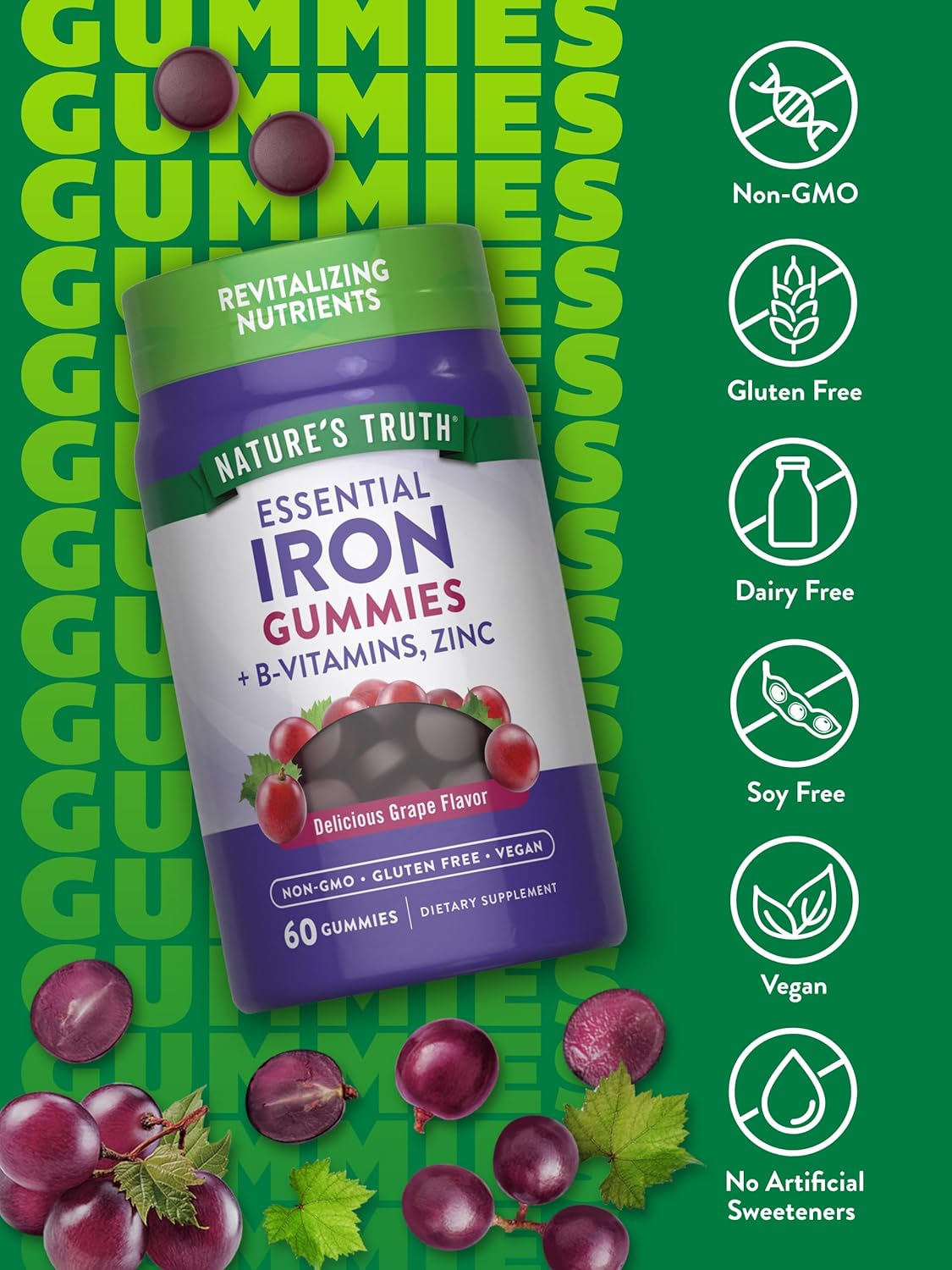 Gummies de Hierro Nature's Truth, Veganos, Sin GMO, 60u