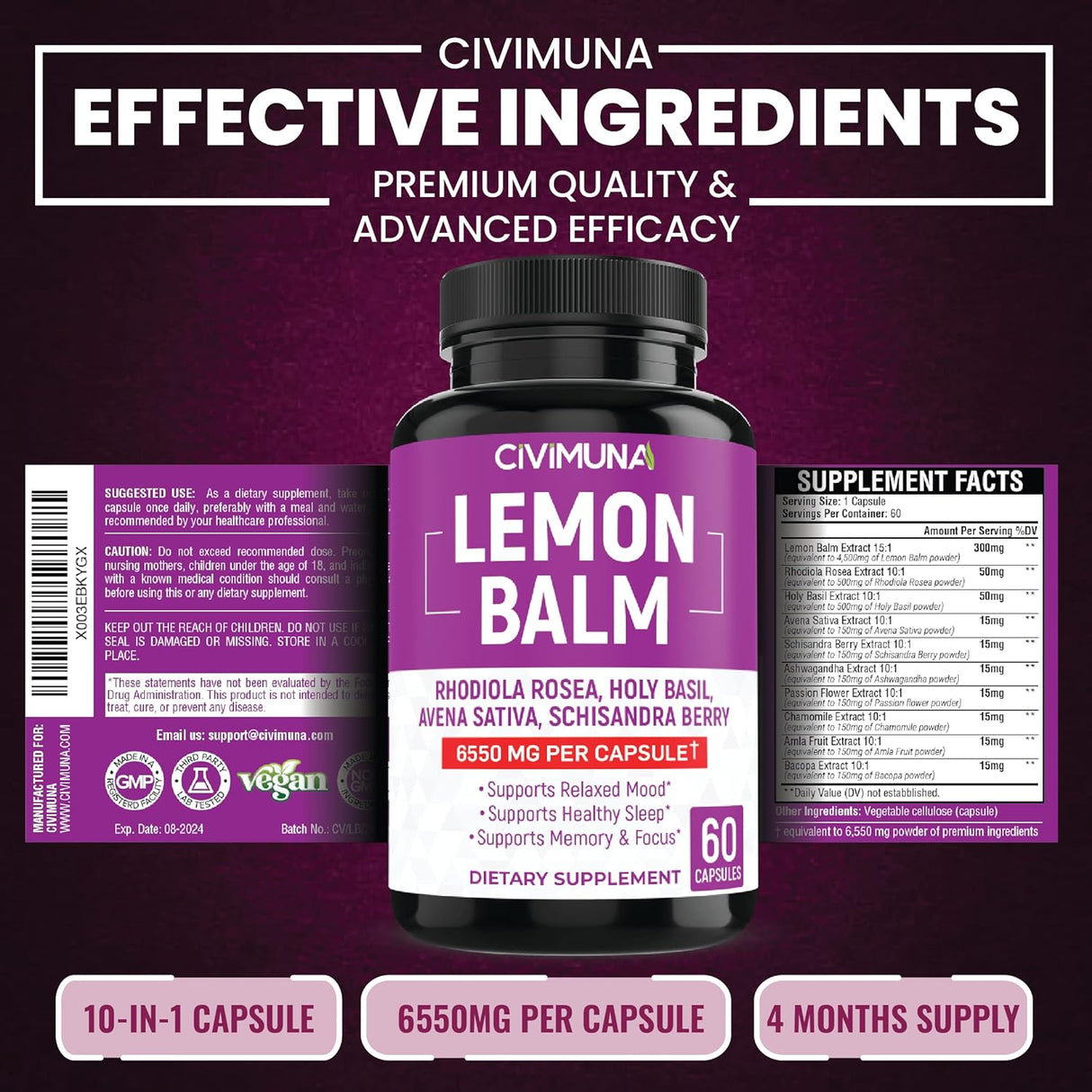 Suplemento (2 paquetes) Cápsulas de bálsamo de limón 6550mg