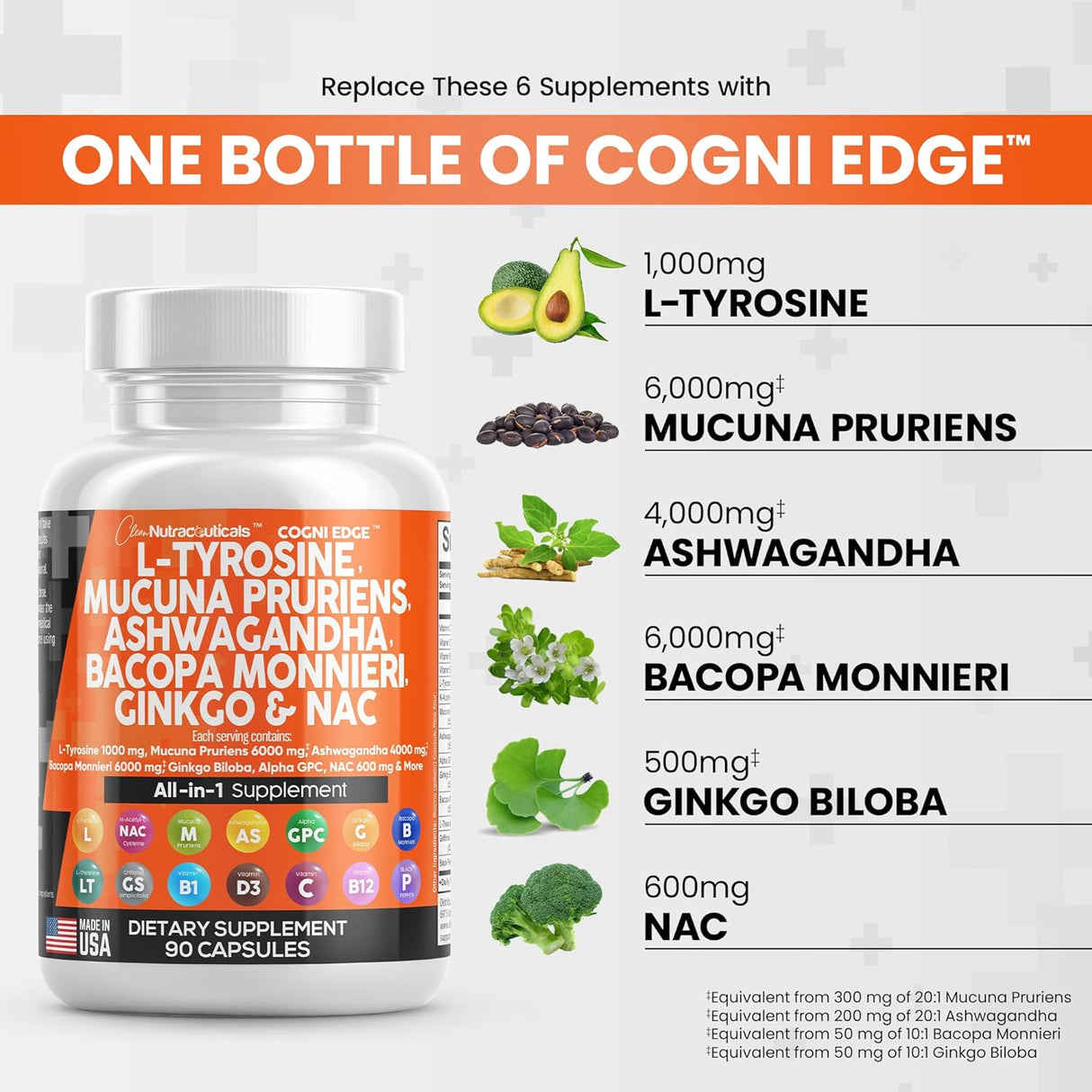 Suplemento Clean Nutraceuticals L Tirosina 1000mg Mucuna