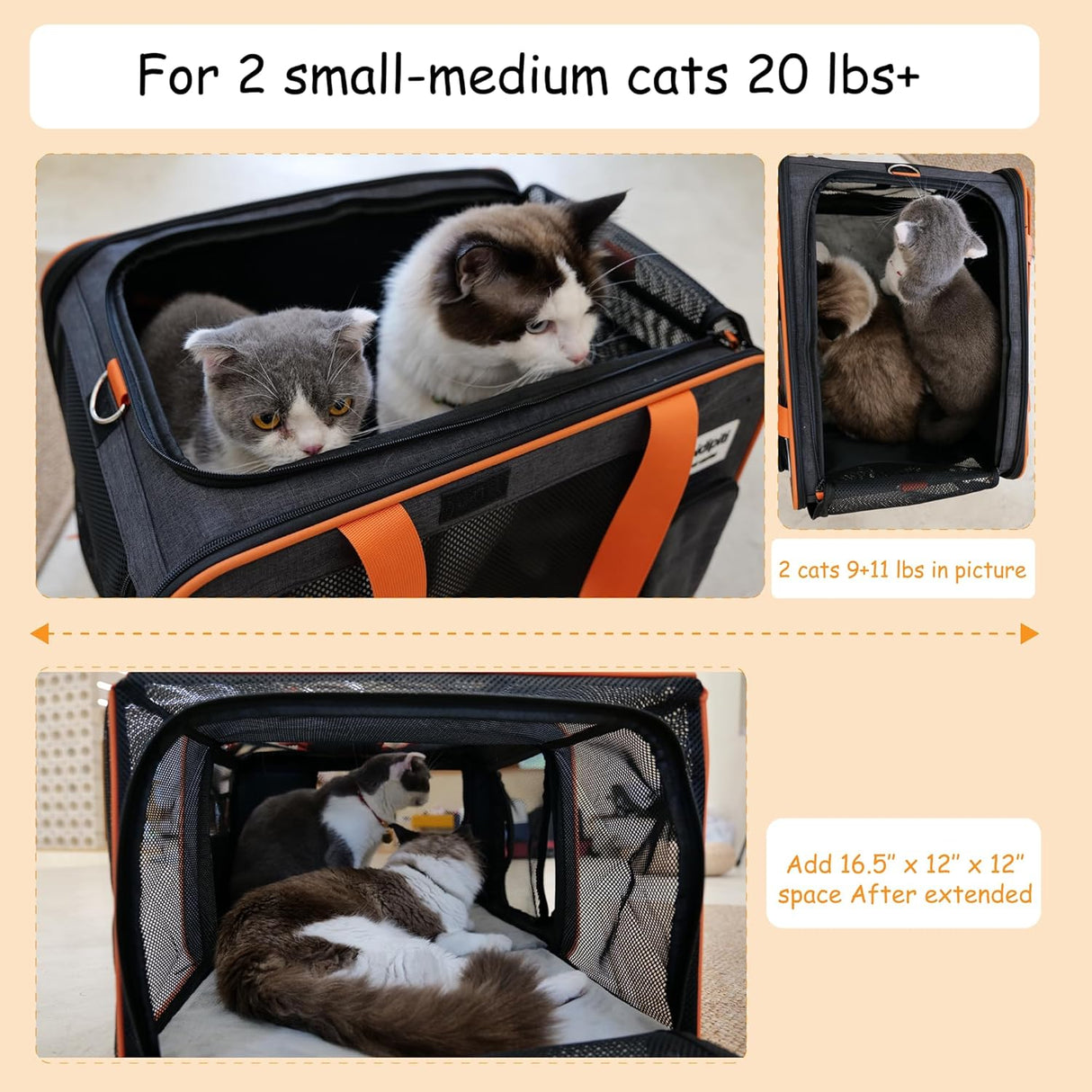 Transportín Expandible para Mascotas, 20x14x14, Viaje Corto/ Largo