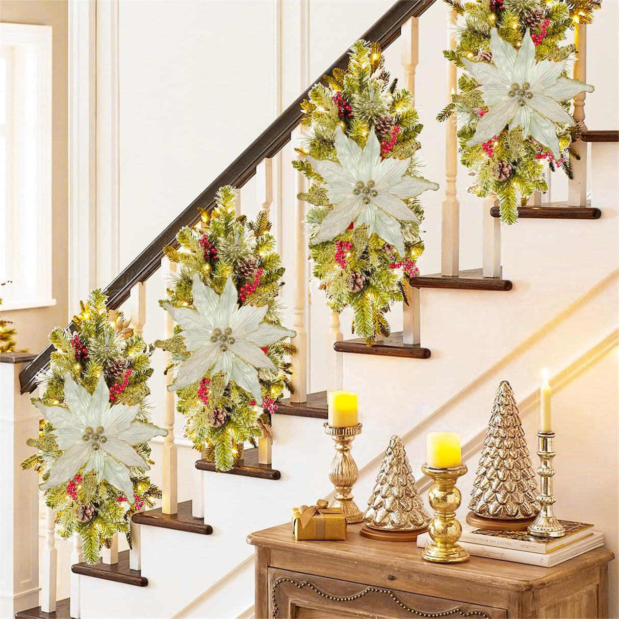 Flores Poinsettia Artificial Briful 12'' Set de 4 para Decorar