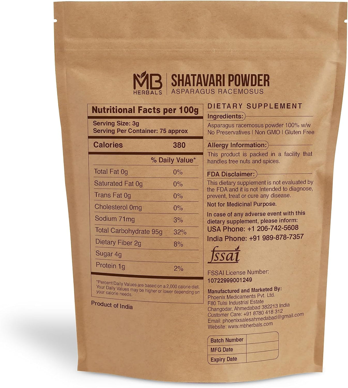 Suplemento Shatavari puro polvo 8.01 oz | 8 oz | 100% puro