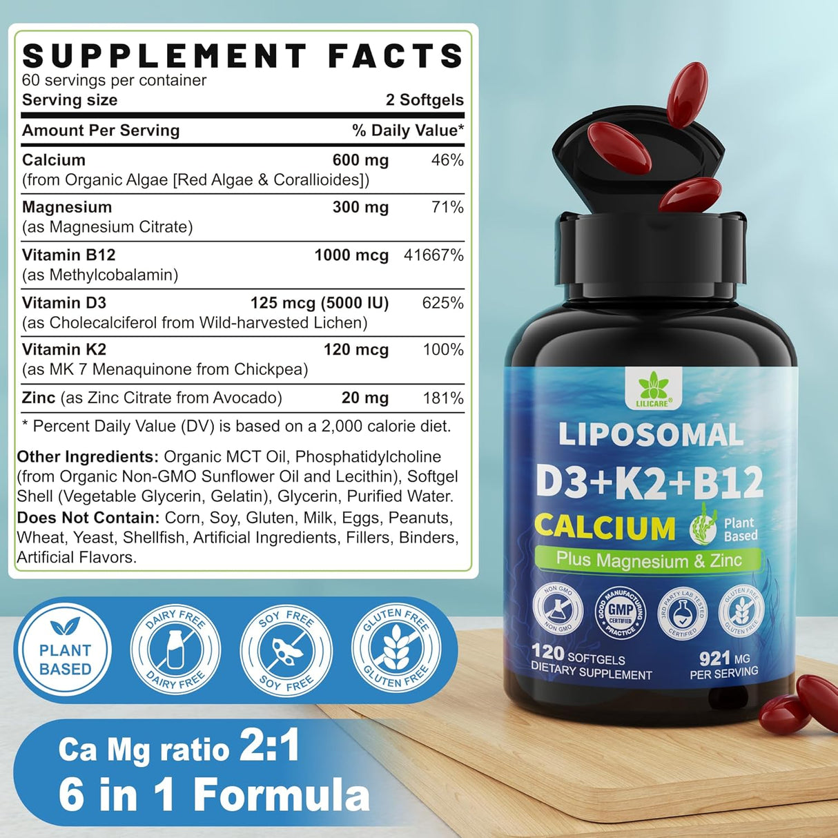 Suplemento de Calcio 6 en 1 - Vegano, 600mg, D3 K2, 1 Pack