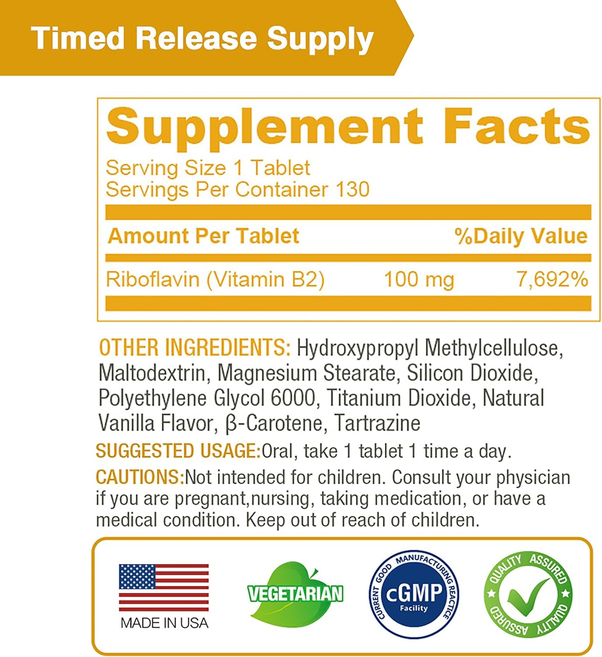 Lovita Vitamina B2 Riboflavina 100mg, Liberación Prolongada, 130 Tablet