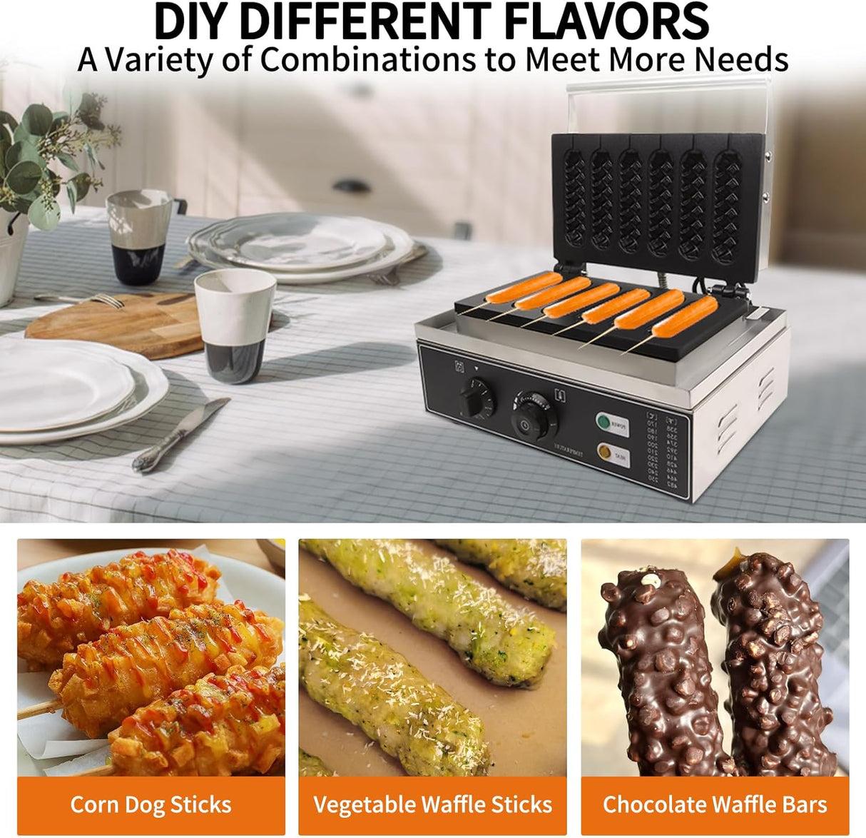 Máquina de Waffles 6 PCS, 1500W, Control Temp 50-300℃, 110V