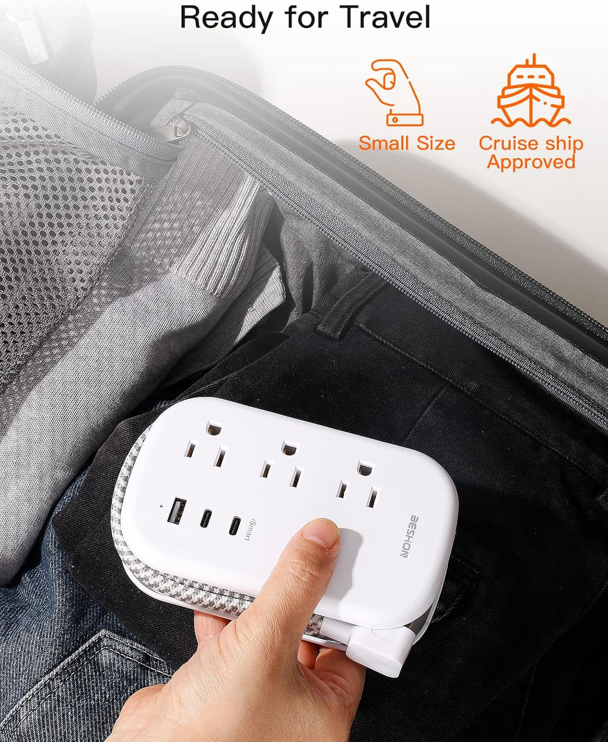 BESHON Regleta de alimentación de enchufe plano, 3 salidas