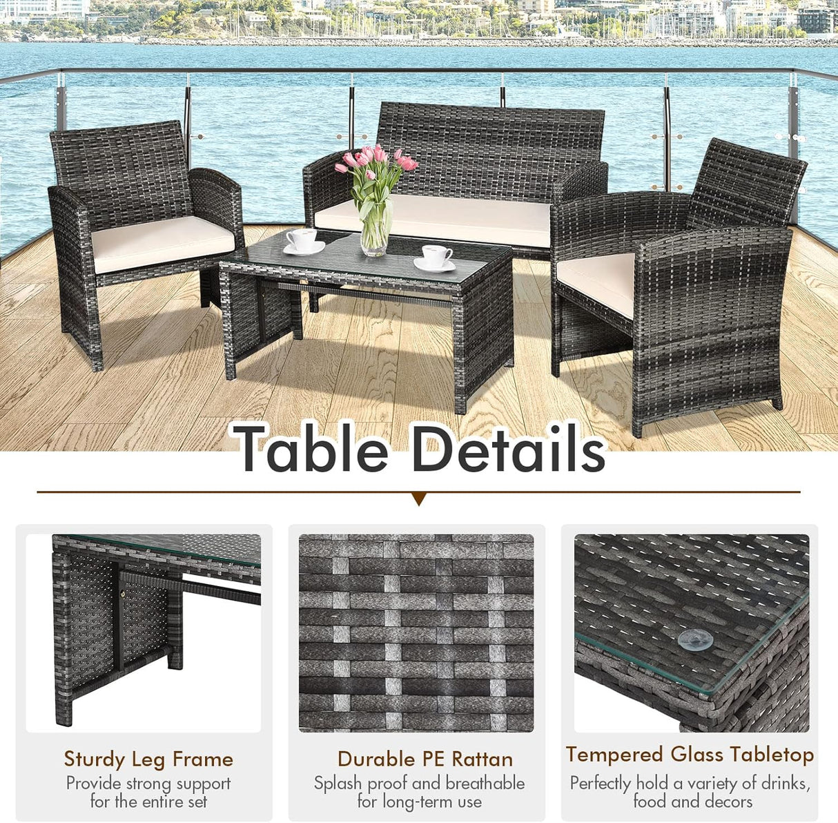 Goplus Juego de muebles de ratán de 4 piezas, sofá de conversación de mimbre para exteriores con cojines resistentes a la intemperie y mesa de vidrio templado para césped, patio, piscina, jardín (beige)