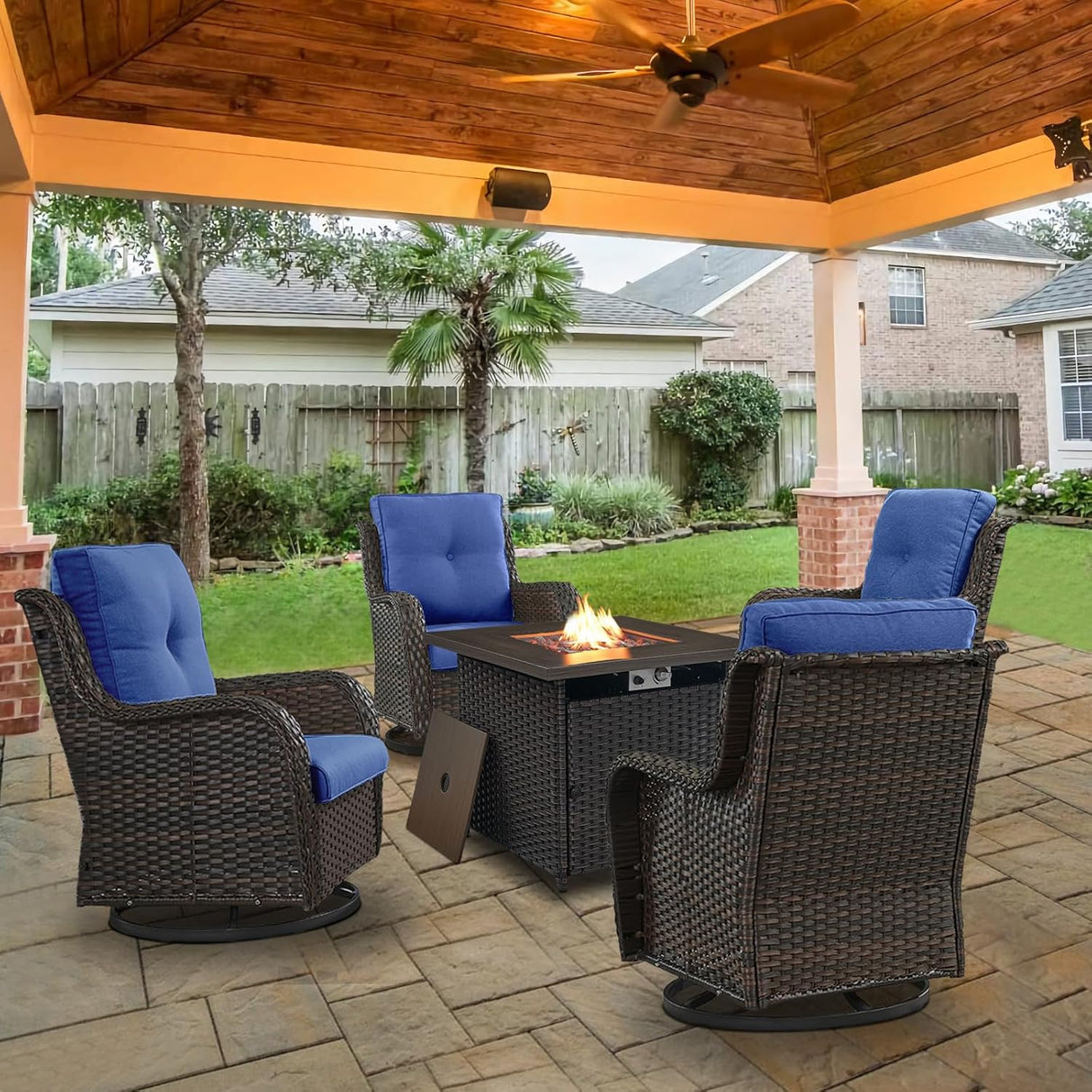 Belord Juego de muebles de mimbre de patio de 5 piezas, 4 sillas giratorias para exteriores con mesa para fogata de propano, juego de conversación cálido para patio, cojín azul, perfecto para