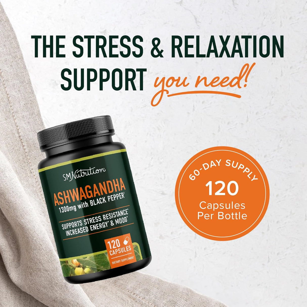 Suplemento Ashwagandha 1300mg, Adaptógeno, 120 cápsulas